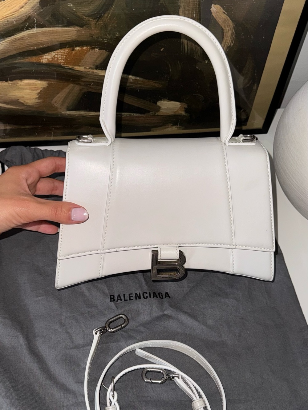 Balenciaga White Hourglass Top Handle Bag + Strap
